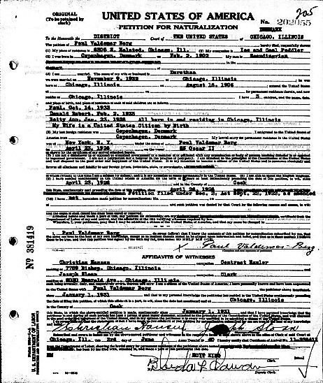 Poul Valdemar berg Naturalization/ ankomst